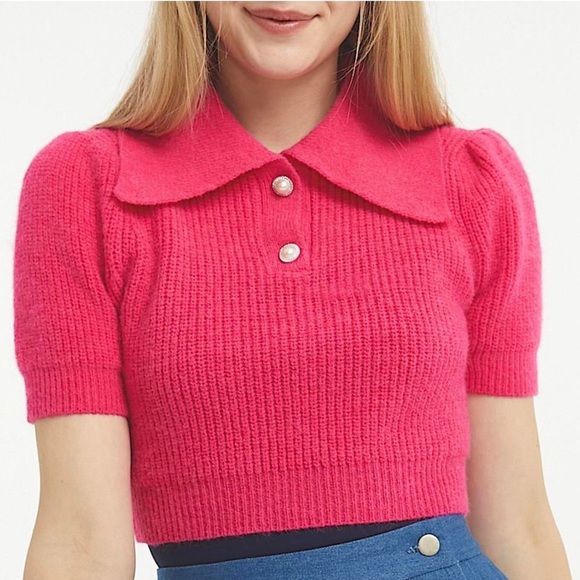 Cider hot pink oversized collar cropped short sleeve sweater - Picture 1 of 5